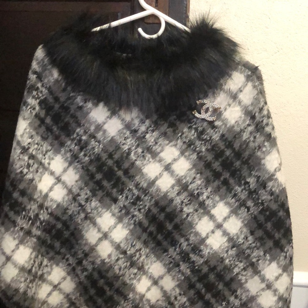 Black and white plaid shawl  with faux neckline